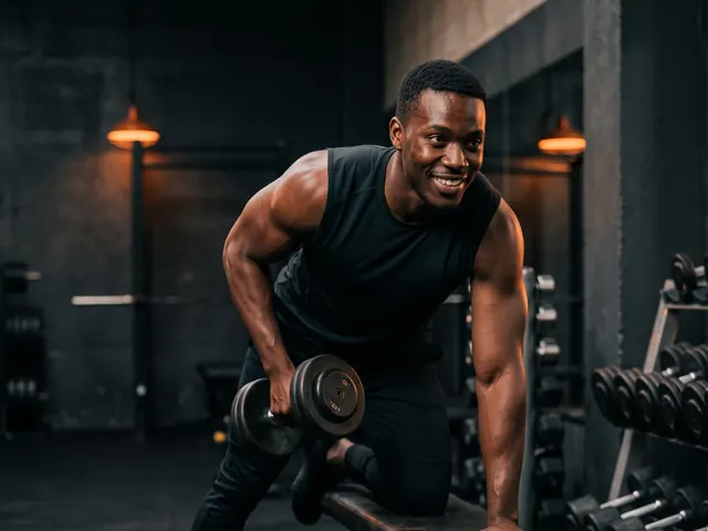 A man smiling during a one-arm dumbbell row on a bench