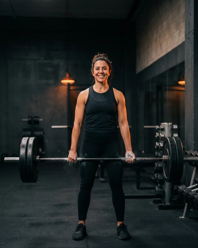 A woman smiling at the top of a barbell deadlift