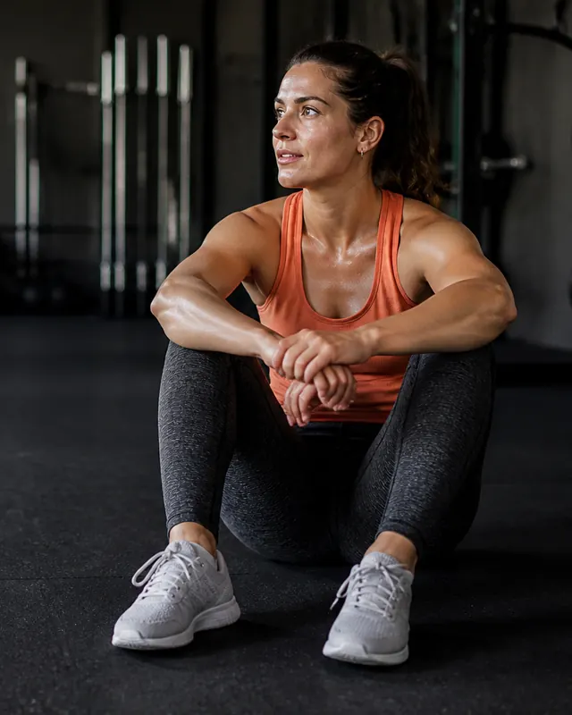 A woman sitting on a gym floor, resting after a workout