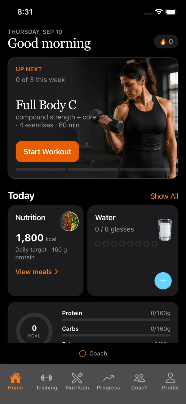 LiftIQ Home screen with the next workout