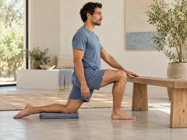 An adult in a half-kneeling mobility position beside a low bench