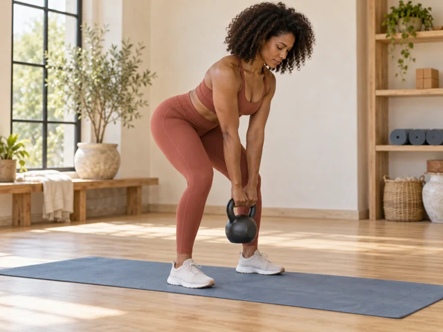 An adult holding a kettlebell in a hip-hinge position